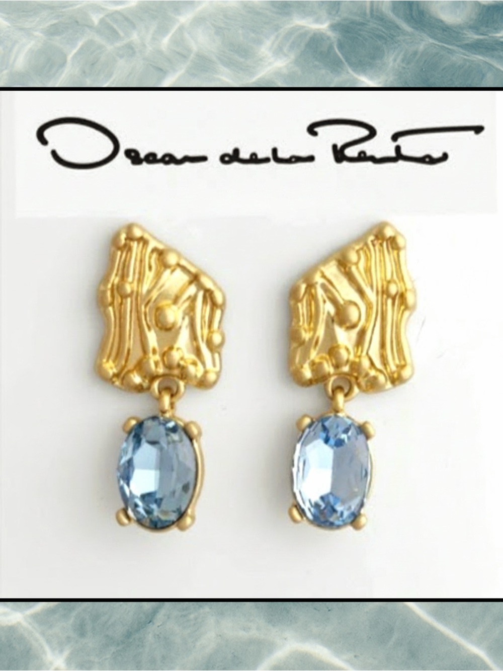 Oscar de la Renta Golden Shield Earrings sparkling Pale Blue Crystal Stones✨Post